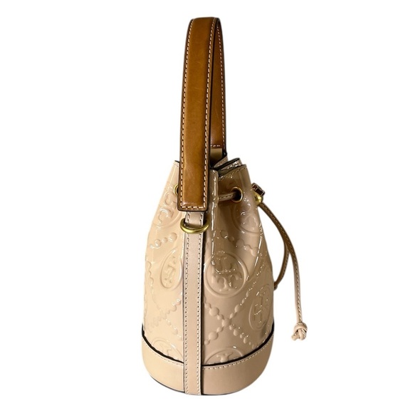 Tory Burch Mini T Monogram Bucket Bag Warm Chai Patent Leather w/Dust Bag - Picture 7 of 16